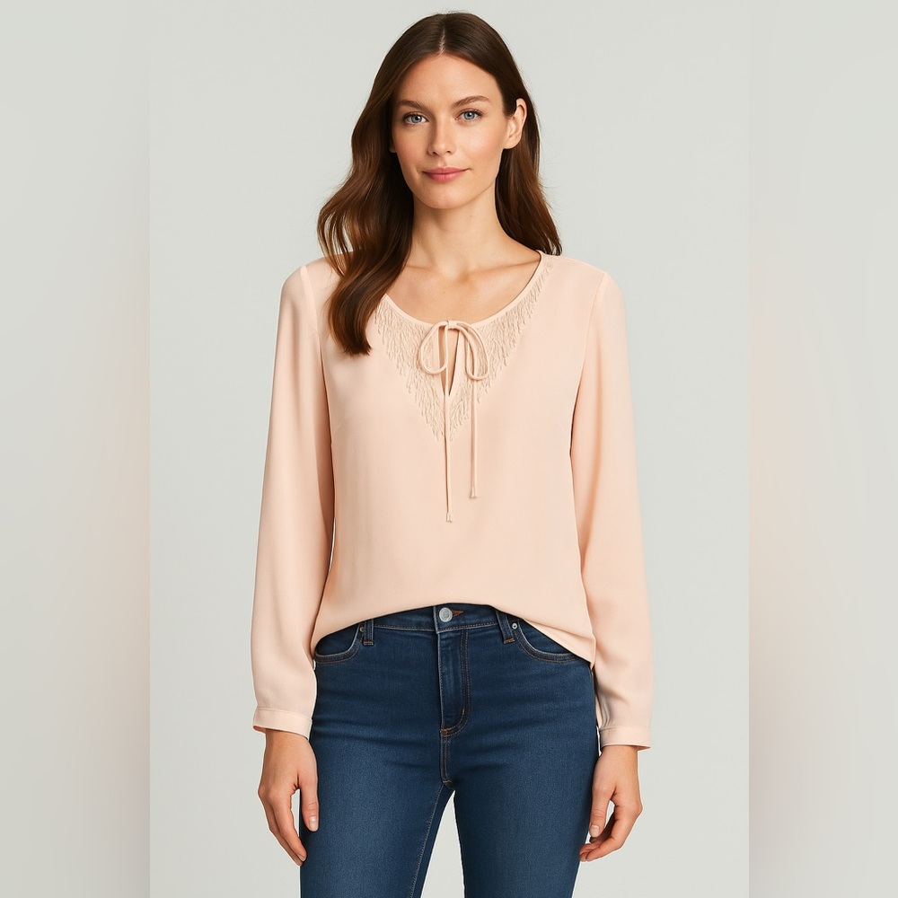 NEW Tahari Theora‎ Blouse Pink Tint Beaded Tie Neck Long Sleeve Size Large NWT